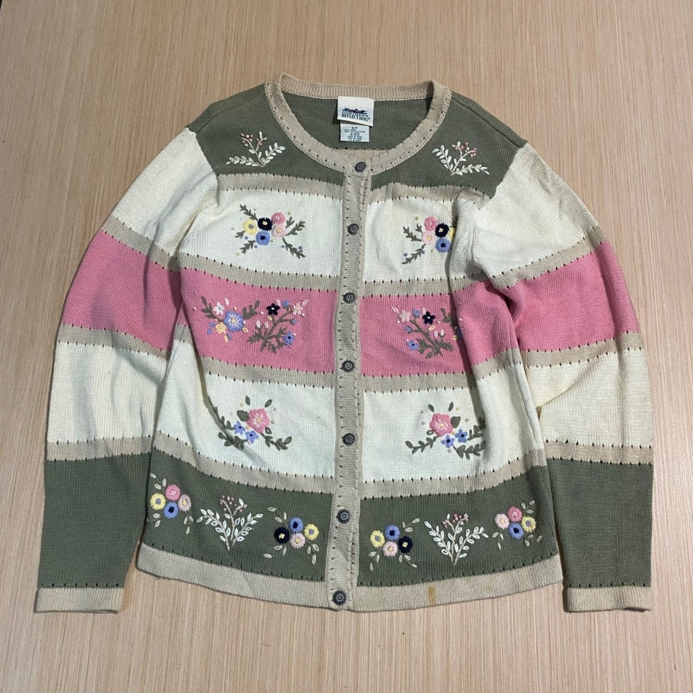 Northern Reflections Floral Embroidered Cardigan Green Pink Striped Ramie Cotton